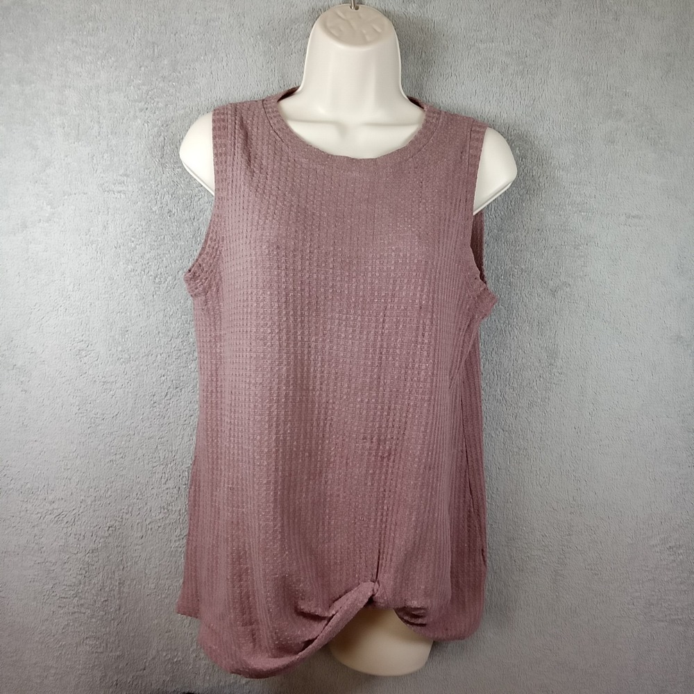 MIHOLL Womens Waffle Knit Front Knot Tank Top Mauve Sleeveless Crew Neck Medium‎